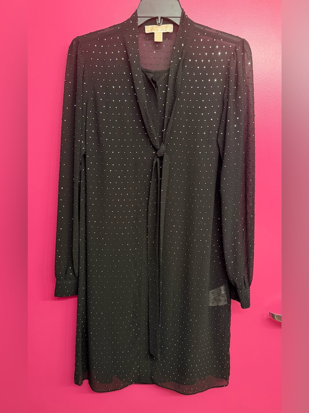 Michael Kors Black Long-Sleeve Tie-Neck Polka Dot Dress